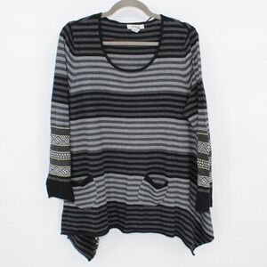 Style&Co $68‎ 1X Gray Black Striped Y2K Handkerchief Hem Cotton Blend Sweater